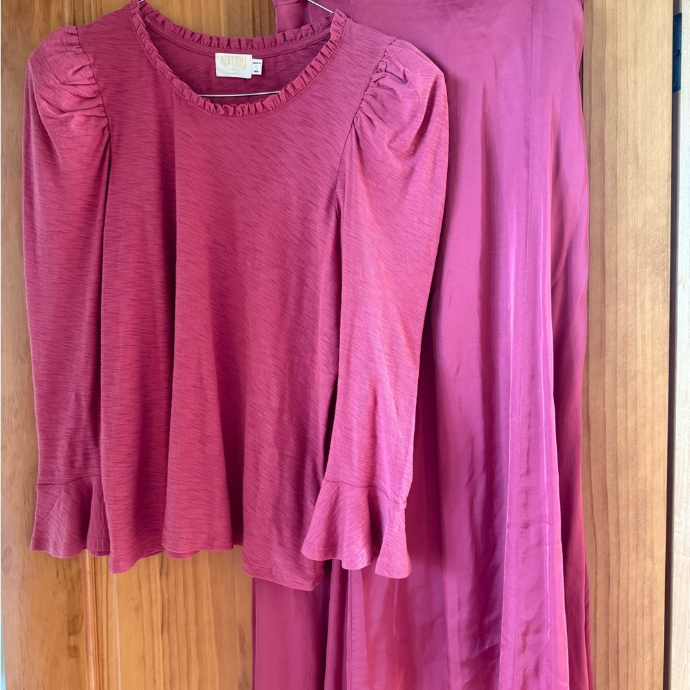 Nation Pink Ruffled Long Sleeve Blouse and midi skirt